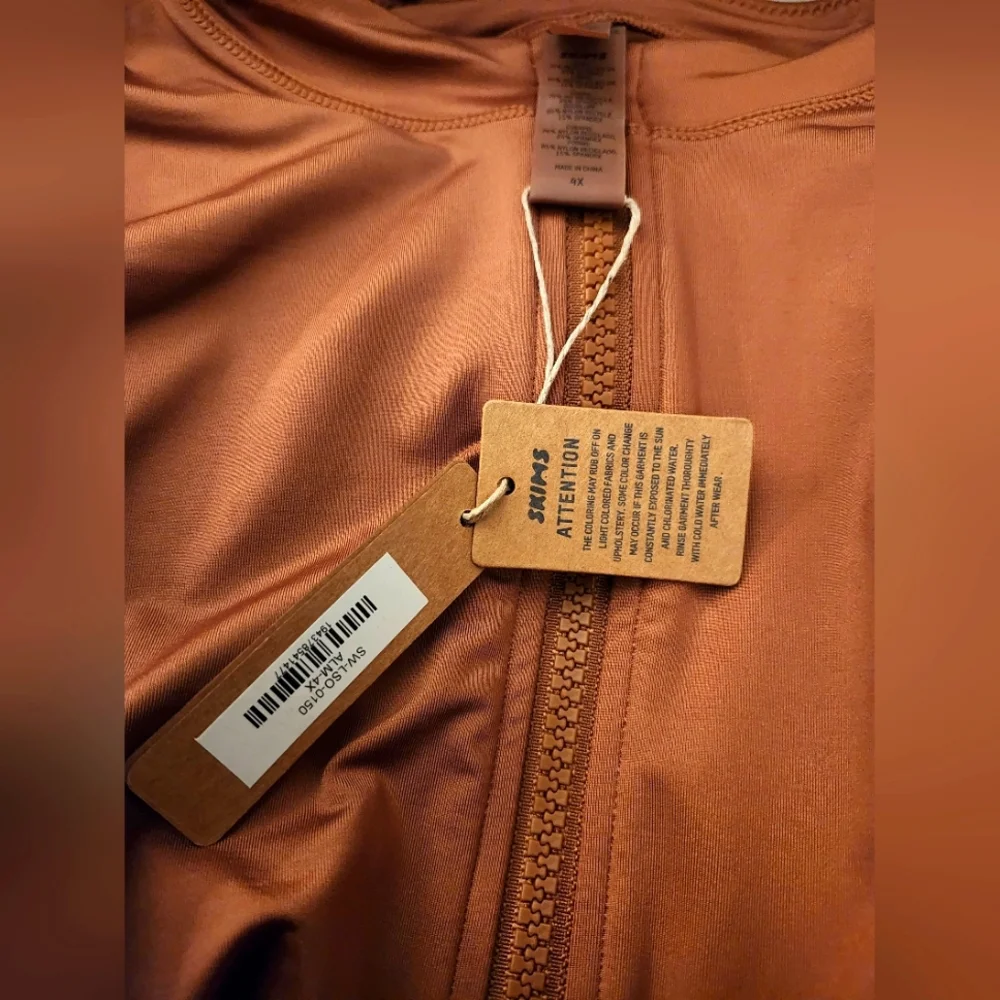 NWT SKIMS Zip Front One-Piece Long Sleeve Swimsuit Almond Brown Swim 4X